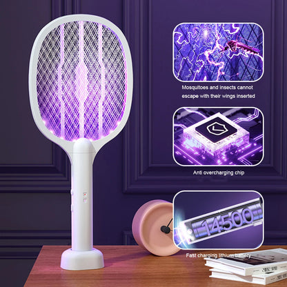 2 in 1 Electric Fly Swatter Handheld Fly Killer and Mosquito Trap Lamp Safe Rechargeable for Home Office Backyard Patio Camping